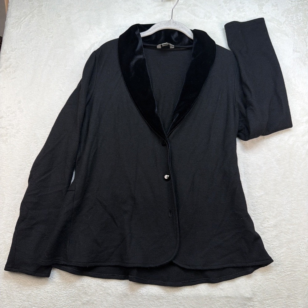 J Jill Black Wool Blazer Women's Medium Velvet Trim Tuxedo Career Jacket